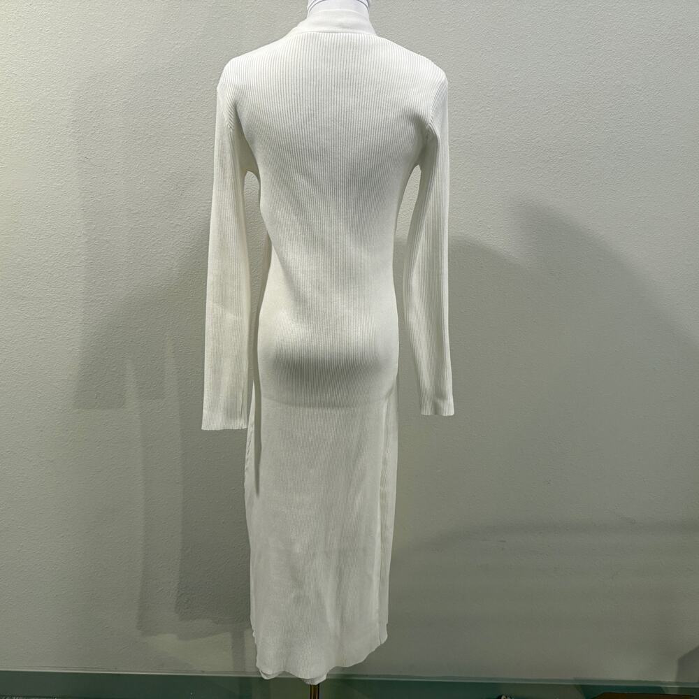 White Ivory Ribbed Knit Longline Cardigan & Midi Dress Set Minimal Chic Small - Picture 3 of 10